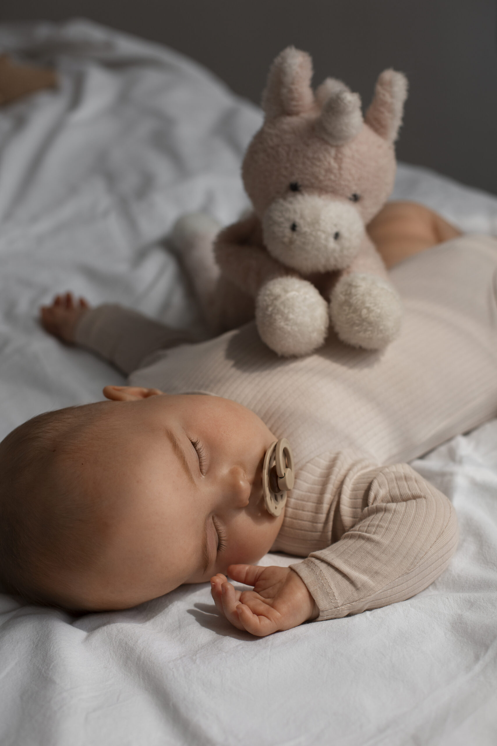 petit bébé qui dort avec son doudou et sa tétine